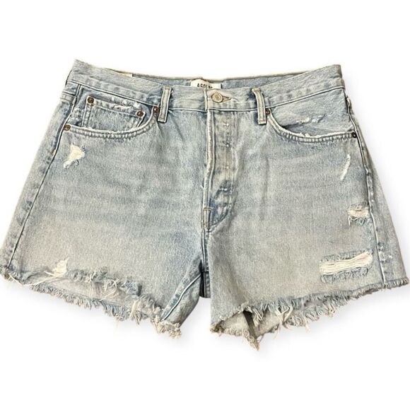 Agolde Parker Long Faded Blue Ripped Denim Shorts 30 - Picture 2 of 11